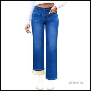 Fleece Lined Straight Leg High Waist Jeans Winter Denim Pants Classic Chic